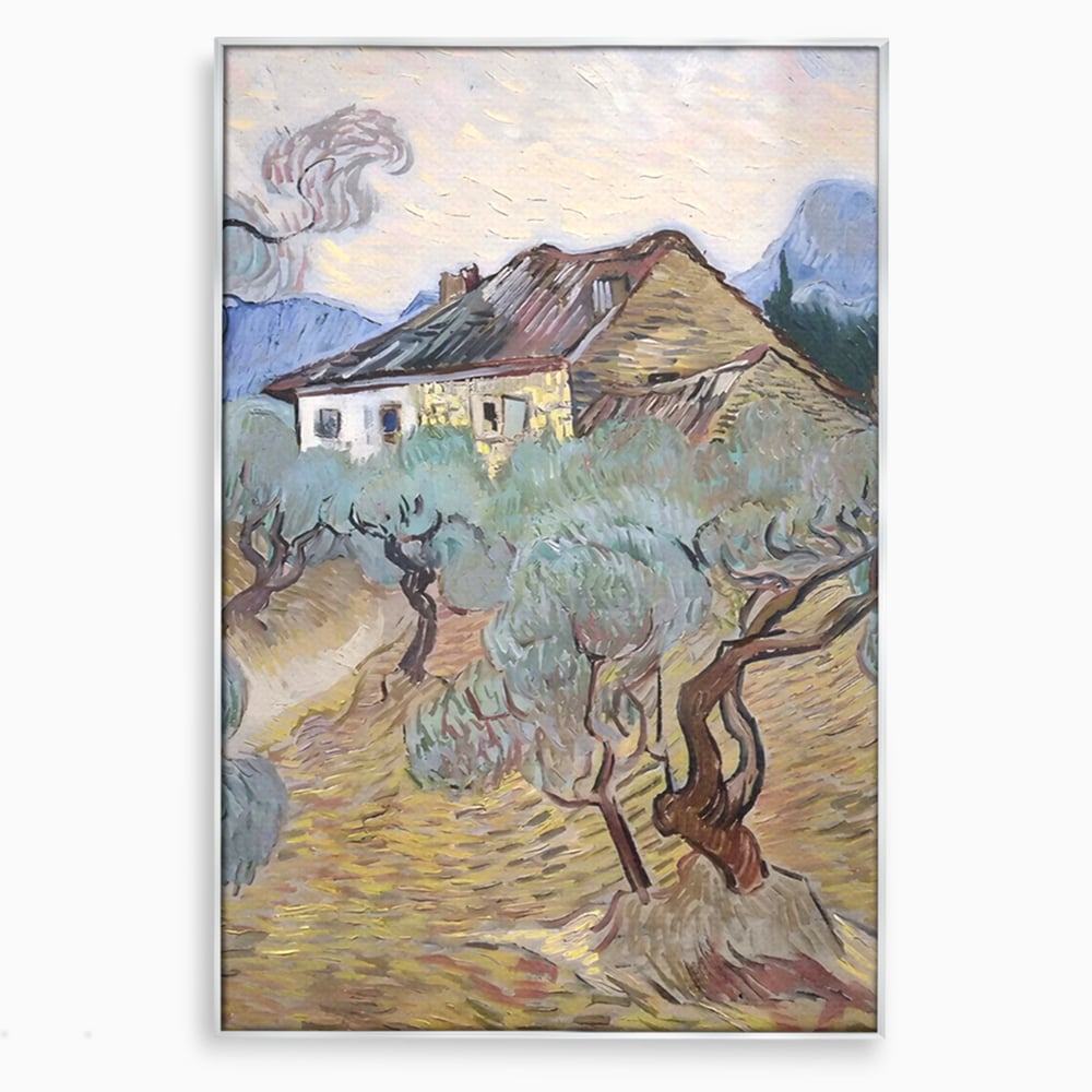 Tablou canvas cu pictura cu maslini si casa rurala, in rama de aluminiu argintiu